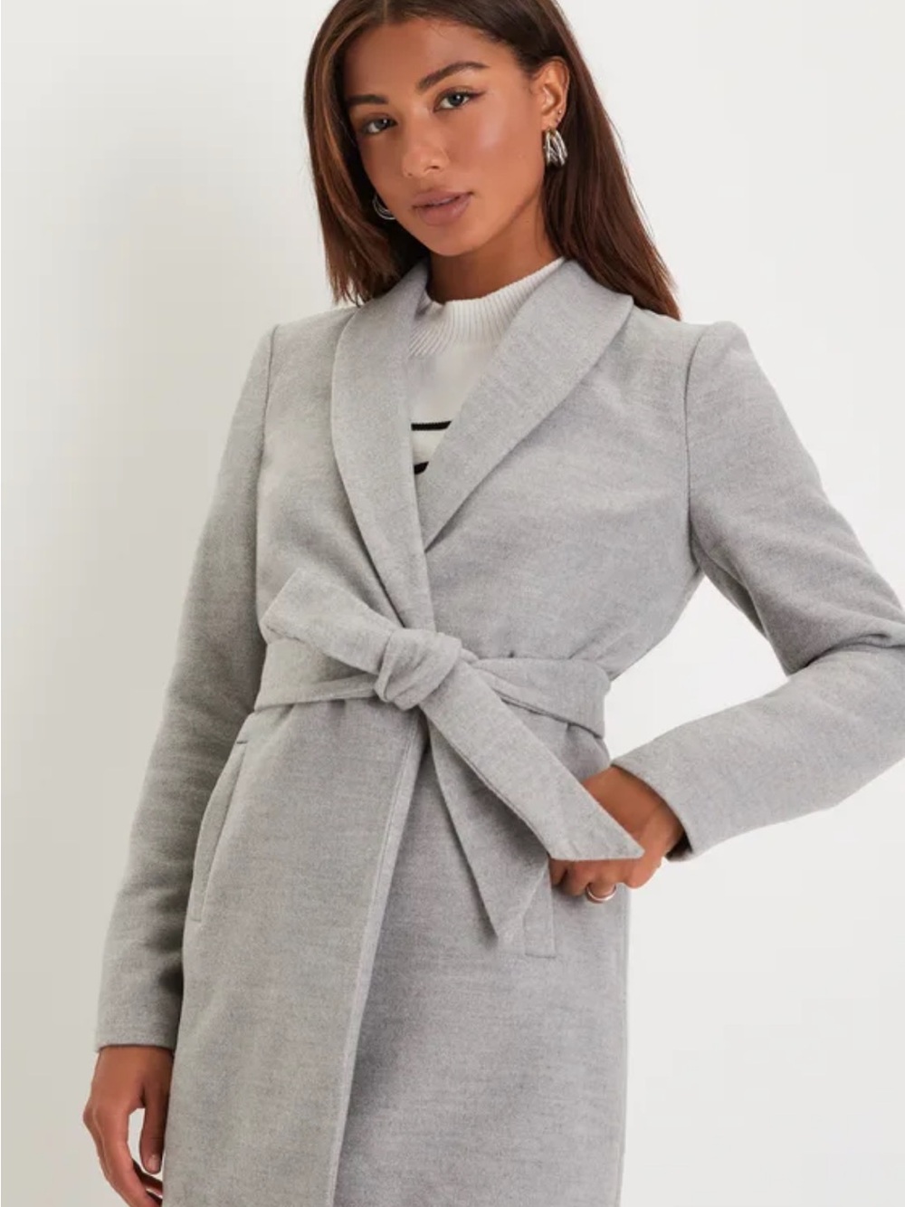 Lulu's Light Gray Tie-Waist Wrap Trench Coat
